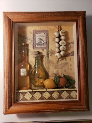 Vintage Shadow Box W/garlic,  Fruit And Bottles Behind Glass