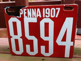 PENNSYLVANIA - 1907 porcelain license plate - four digit,  no touch up 2