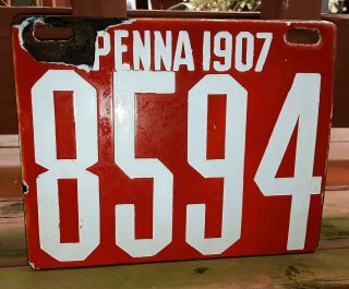 PENNSYLVANIA - 1907 porcelain license plate - four digit,  no touch up 3
