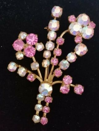 Vintage 1950s Pink And Aurora Borealis Crystal Flower Brooch
