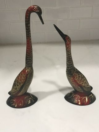 Pair (2) Of Vintage Cloisonne Enamel Brass Metal Cranes Birds China India