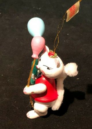 Vintage Cat With Balloons Christmas Tree Ornament Wooden Wood Hand Painted