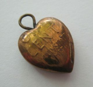 Vintage Miniature Folk Art Heart Charm Fob Made From A One Cent Penny Coin