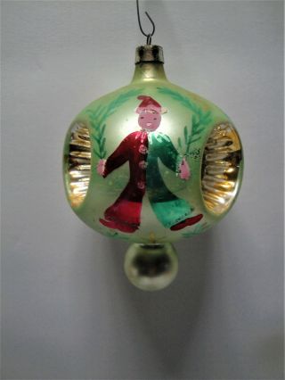 X - Large Vintage Hand Painted Glass Christmas Ornament - Triple Indent Drop - Elfs