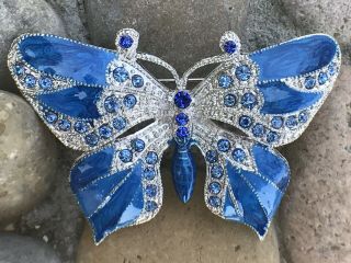 2 " Large Vintage Crystal Rhinestone Butterfly Pin Brooch Blue Insect Fashion Vtg