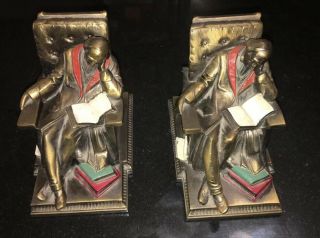 Vintage Solid Brass Bookends Man Reading Books in Chair PM Craftsman 2