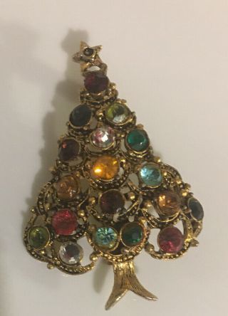 Vintage Brooch Pin Signed Hollycraft Christmas Tree Rhinestone Gold Tone