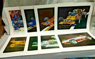 Vintage Ron Burton Indy 500 Racing Prints Set Of 8