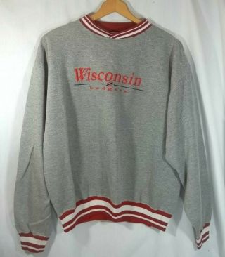 Wisconsin Badgers Sweatshirt M Red Oak Sportswear Gray Knit Cuffs Band Collar