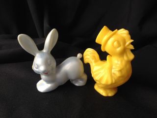 Vintage Irwin Hard Plastic Easter Rooster Chick & Bunny Baby Rattle Toys