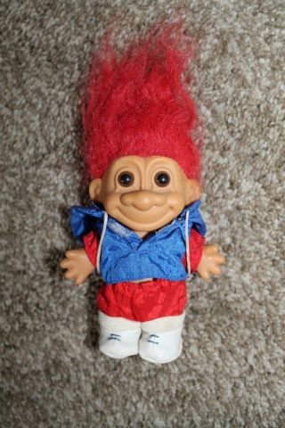 Vtg 1990s Russ Blue & Red Jogging Suit Troll Doll W/ Red Hair Brown Eyes 18486