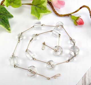 Vintage Short Rolled Gold Clear Glass Bead Necklace - Cube Beads