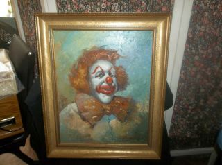 Clown Oil Painting Vintage Signed Circus