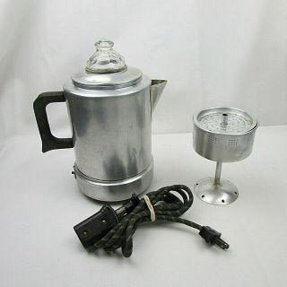 Vintage Aluminum 6 Cup Electric Percolator Coffee Pot With Glass Knob Usa
