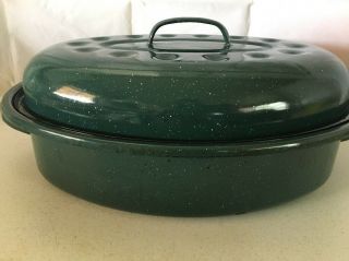 Vintage Green Enamel Ware Roasting Pan W/lid Oval