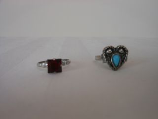 Vintage 1960s Childrens Rings Turquoise And Garnet Stones With Silver