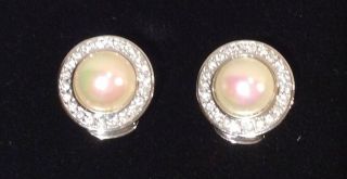 Vintage Christian Dior Silver Faux Pearl And Rhinestone Clip Earrings Signed