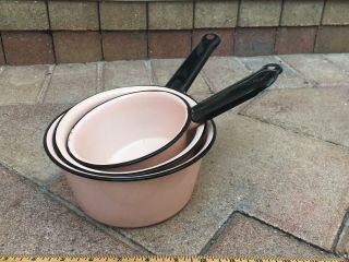 Vintage Pink & Black Enamel Sauce Pan / Pots Set Of 3