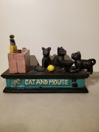 Vintage Cast Iron Mechanical Cat And Mouse Coin Bank