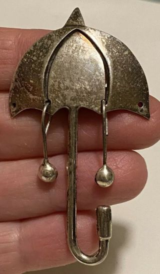 Vintage Signed Taxco Mexico Sterling Silver Umbrella W/dangles Brooch Pin 12.  4g