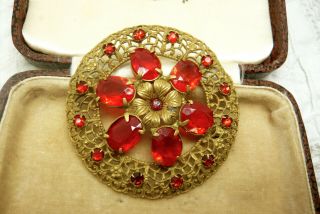 Vintage Jewellery Art Deco Czech Filigree Red Rhinestone Brooch Pin