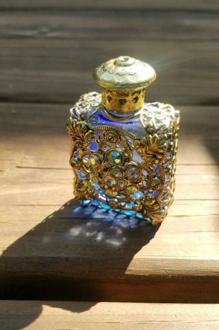 Vintage Mini Perfume Bottle Dabber Cobalt Blue Glassd Rhinstones Gold Filigree