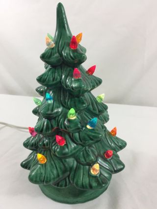 Vtg Green Ceramic Christmas Tree Small 8” Tall Light Multi Color Bulbs