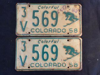 1958 Colorado SKIER License Plate PAIR / SET 3