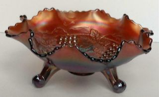 Vintage Fenton Amethyst Grape And Cable Carnival Glass Footed Ruffled Edge Bowl