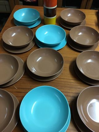 Set Of 11 Vintage Melmac Bowls & Plates W/ Tupperware Shakers Retro Turquoise,