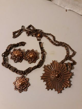 Vtg Unmarked Renoir Copper Necklace Bracelet & Earrings Mcm Jewelry