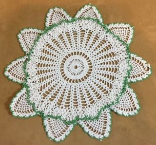 Vintage Hand Crocheted Round Doily,  Flower Design,  White & Green