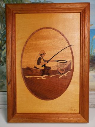 Wood Inlay Art By Jeff Nelson Fisherman Boat 10 X 6.  75 " Vintage