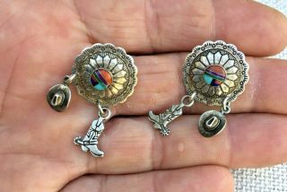 Vintage Sterling Silver And Multi Gemstone Hand Stamped Post Earrings - Navajo
