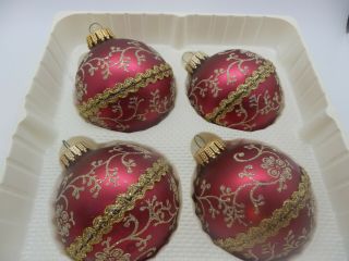 4 Vintage Krebs Red Gold Glitter Stencil Round Ball Christmas Tree Ornaments Box