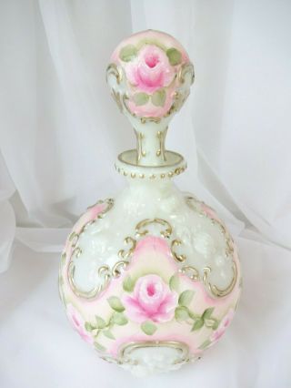Bydas Pink Roses White Milk Glass Decanter Hp Hand Painted Chic Shabby Vintage