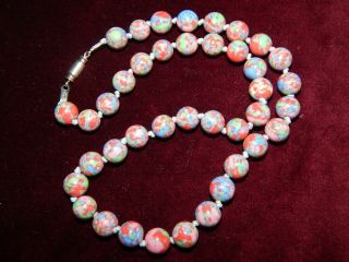 Vintage Pink Blue Red & Green Spatter Glass Necklace Czech Marbled Knotted