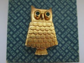 Vintage Signed Avon Adorable Gold Emerald Glass Owl Perfume Animal Brooch Pin