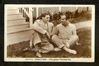 Johnny Weissmuller Douglas Fairbanks Postcard Vintage Ross Card Real Photo