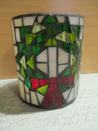 Vintage Stained Glass Candle Holder Votive Pillar Green Red Christmas Wreath 4 "