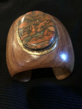 Unique Large Vintage Chunky Wooden Bangle With Xl Orange Natural Center Gemstone
