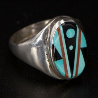 Vtg Sterling Silver - Navajo Turquoise,  Onyx & Coral Inlay Ring Size 7 - 5.  5g