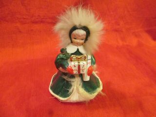 Vintage Napco Christmas Shopper Angel Girl 5 " Figurine With Fur Green Ax4640