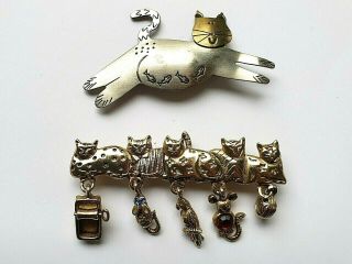 2 Vintage Cat Pins Ajc Gold Tone 5 Cats Charms Dangles,  Silver Fish Belly