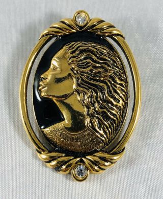 Vintage Coreen Simpson Cameo Pin Brooch Pendant Gold Tone W/ Crystal Accents