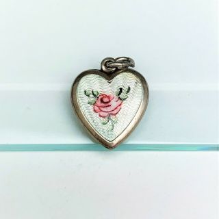 Vintage Sterling Silver & White Guilloche Enamel Puffy Heart Charm W/ Pink Rose