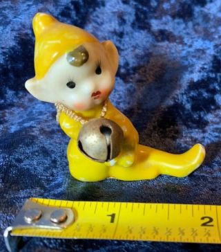 Vintage 1950s Ceramic 2” Yellow Pixie Elf Sitting Jingle Bell Tie Japan