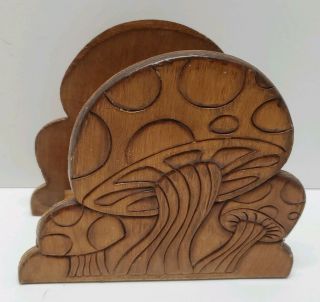 Vtg Carved Wood Mushroom Farm Napkin Letter Holder Rustic Wooden Folk Art Deco