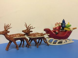 Vintage Retro Christmas Decor Santa Sleigh Reindeer Toys Plastic Decoration Gc