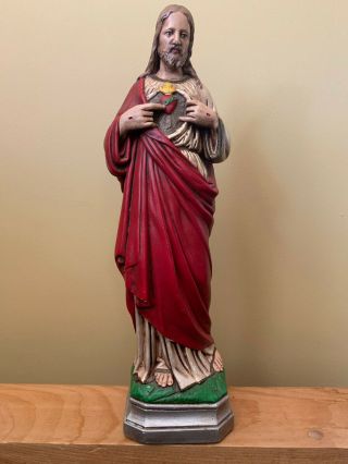 Sacred Heart Of Jesus Statue Vintage Hand - Painted Chalkware/plaster